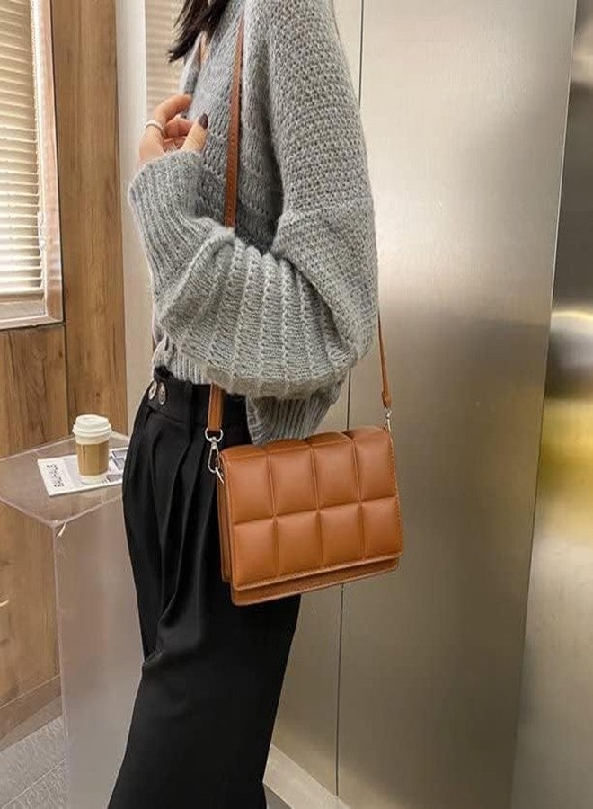SPITEN Women's Mini Handbag - PU Leather Hobo Bucket Purse with Flap - Checker Pattern Crossbody Shoulder Bag for Casual, Wedding, Party, and Daily Use (BROWN) - Image 3